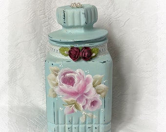 Cottage BLUE Glass Cookie Biscuit Candy Jar Hand Painted Pink Roses Shabby Chic ECS