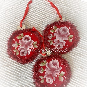 Red Ornament Wood Shabby Chic Hand Painted Roses Christmas decor Decoration image 1