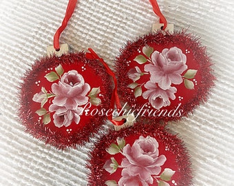 Red Ornament Wood Shabby Chic Hand Painted Roses Christmas decor Decoration