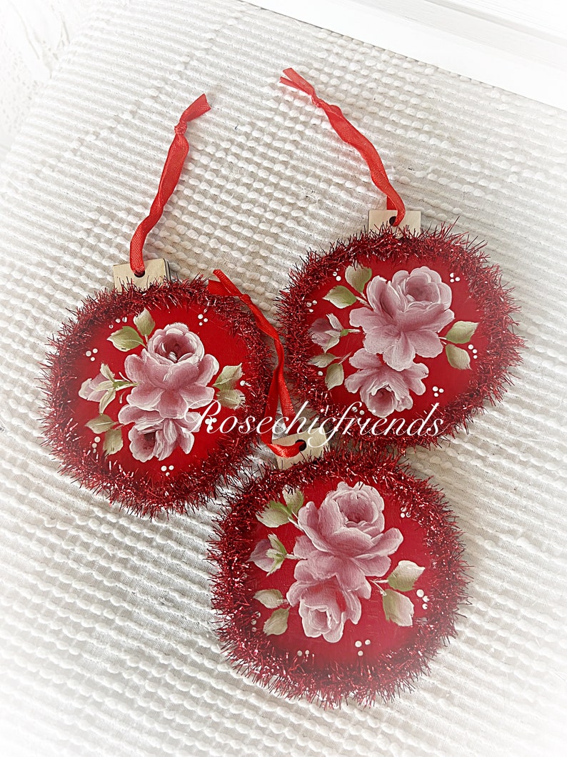 Red Ornament Wood Shabby Chic Hand Painted Roses Christmas decor Decoration image 1