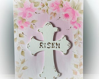 11x14 RISEN Cross Painting with Roses Shabby Chic Hand Painted Cottage