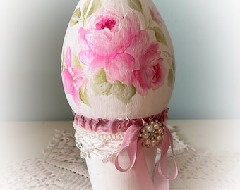 6” Large Rose Pink EGG on Pot Hand Painted PINK Roses Easter Spring ECS