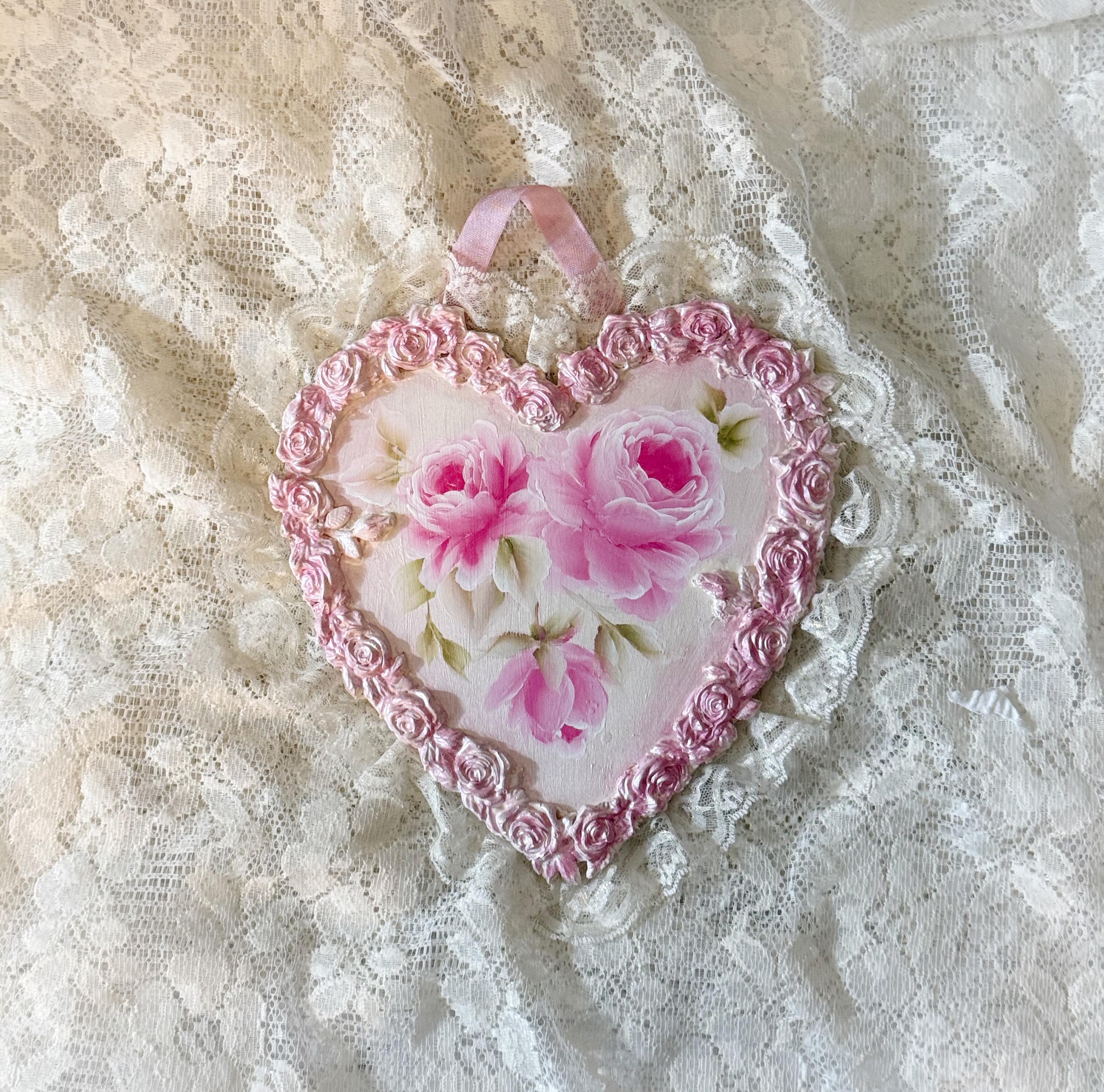 Pink HEART Shabby Chic Hand Painted Pink Roses Wall Hanging Plaque ...