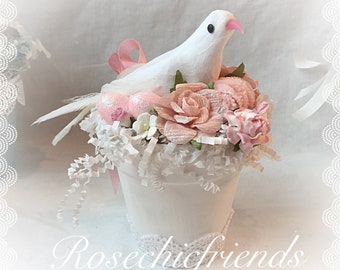 Spring Easter White/Pink Clay Pot with Dove Nest Shabby Chic chenille egg ECS