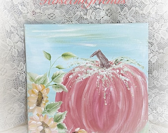 Coral Pink Pumpkin with Sunflowers Painting: Shabby Granny Chic Fall Art (10x10)