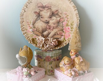 Shabby Chic Lamb Wood Round: Pink Floral Easter Wall Decor
