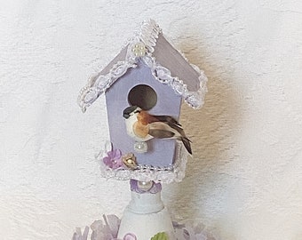 BIRDHOUSE Shabby Cottage Hand Painted Lavender Roses Chic ECS