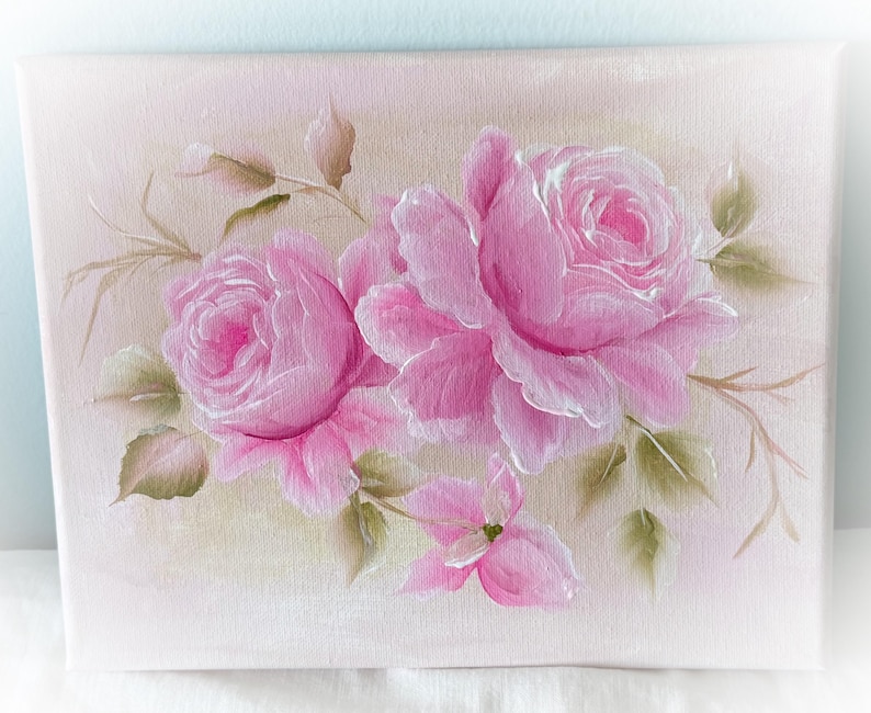 Hand Painted Light Pink Roses: Shabby Chic Cottage Art (10x8 Canvas ...