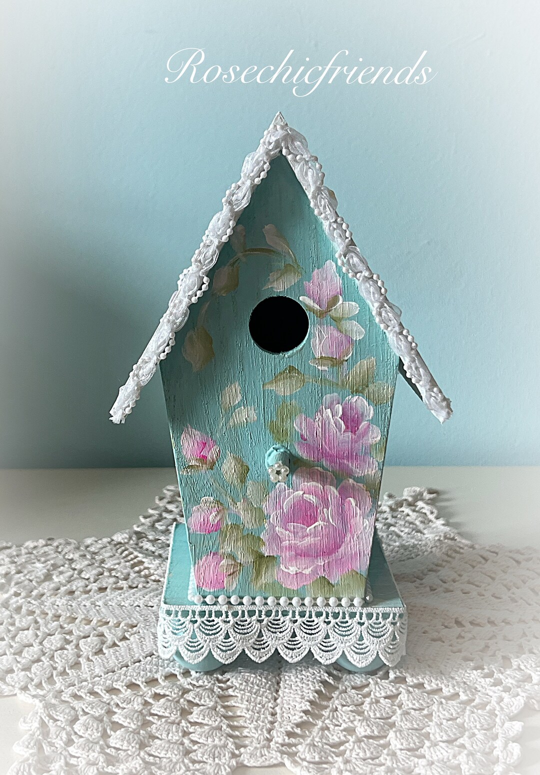 Large Shabby Chic Robins Egg Blue BIRDHOUSE Pink Hand Painted Roses ...