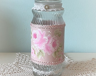 Repurposed Decorated Jar Hand Painted Pink Roses Shabby Cottage Chic