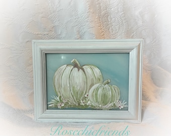 9x7 White Pumpkin Original Framed Art Farmhouse Wall Decor Shabby Chic