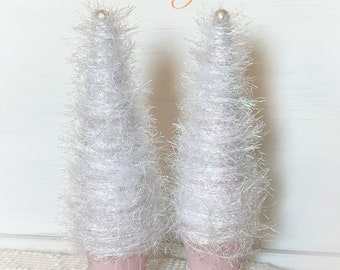 10” White Iridescent Sparkly Yarn Christmas TREE Pink Chic Cottage Shabby