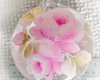 1 ORNAMENT XLarge 5” Round Flat Clear Hand Painted PINK Roses 2