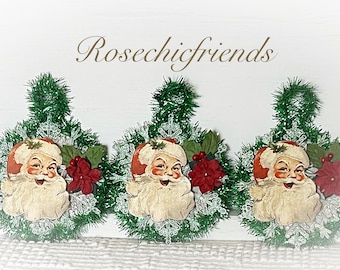 Set of 3 Santa Hand Made Christmas Ornaments Green Tinsel Tree Decoration