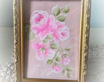 7x5 Gold Framed Canvas of Hand Painted Pink Roses Shabby Chic Cottage