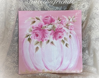 White Pumpkin PINK Roses Painting: Shabby Chic Fall Art (12x12)