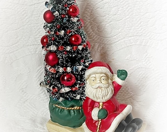 10” BOTTLE Brush Tree Vintage Santa on Sleigh Figure Figurine Mercury Glass Ornaments Decoration ECS