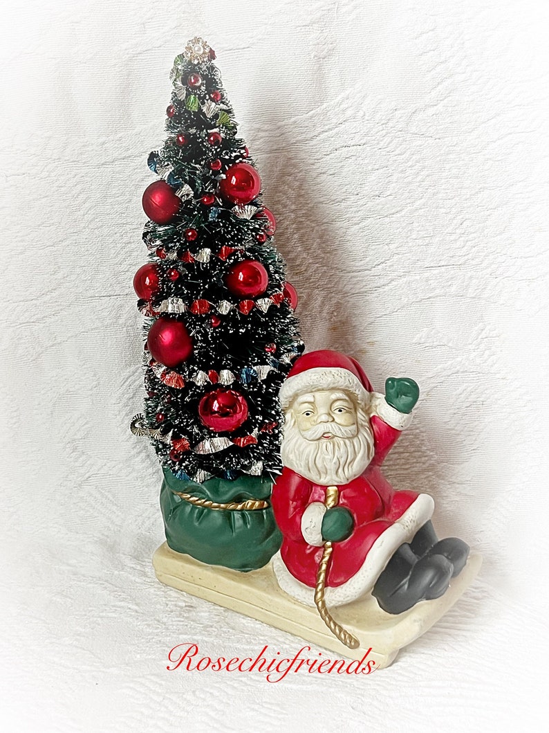 10 BOTTLE Brush Tree Vintage Santa on Sleigh Figure Figurine Mercury Glass Ornaments Decoration ECS image 1