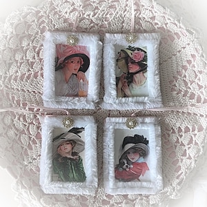 Set of 4 Victorian Ladies Christmas Winter Wood Tags Ornaments