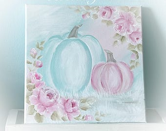 10x10 Aqua/Pink Pumpkin Original Art Painting Shabby Roses Chic Fall Hand Painted ECS