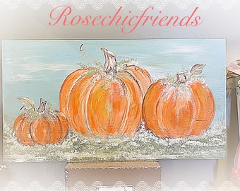 10x17 Wood Sign Plaque 3 Pumpkins Original Art Painting Shabby Chic Fall Hand Painted ECS