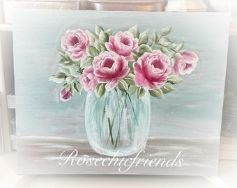 16x20 Canvas Hand Painted Roses In Vase Shabby Chic Art Oirignal