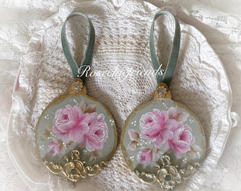 Hand Painted Roses on Sage Green Round Ornament Set, Cottage Shabby Granny Chic Plaques