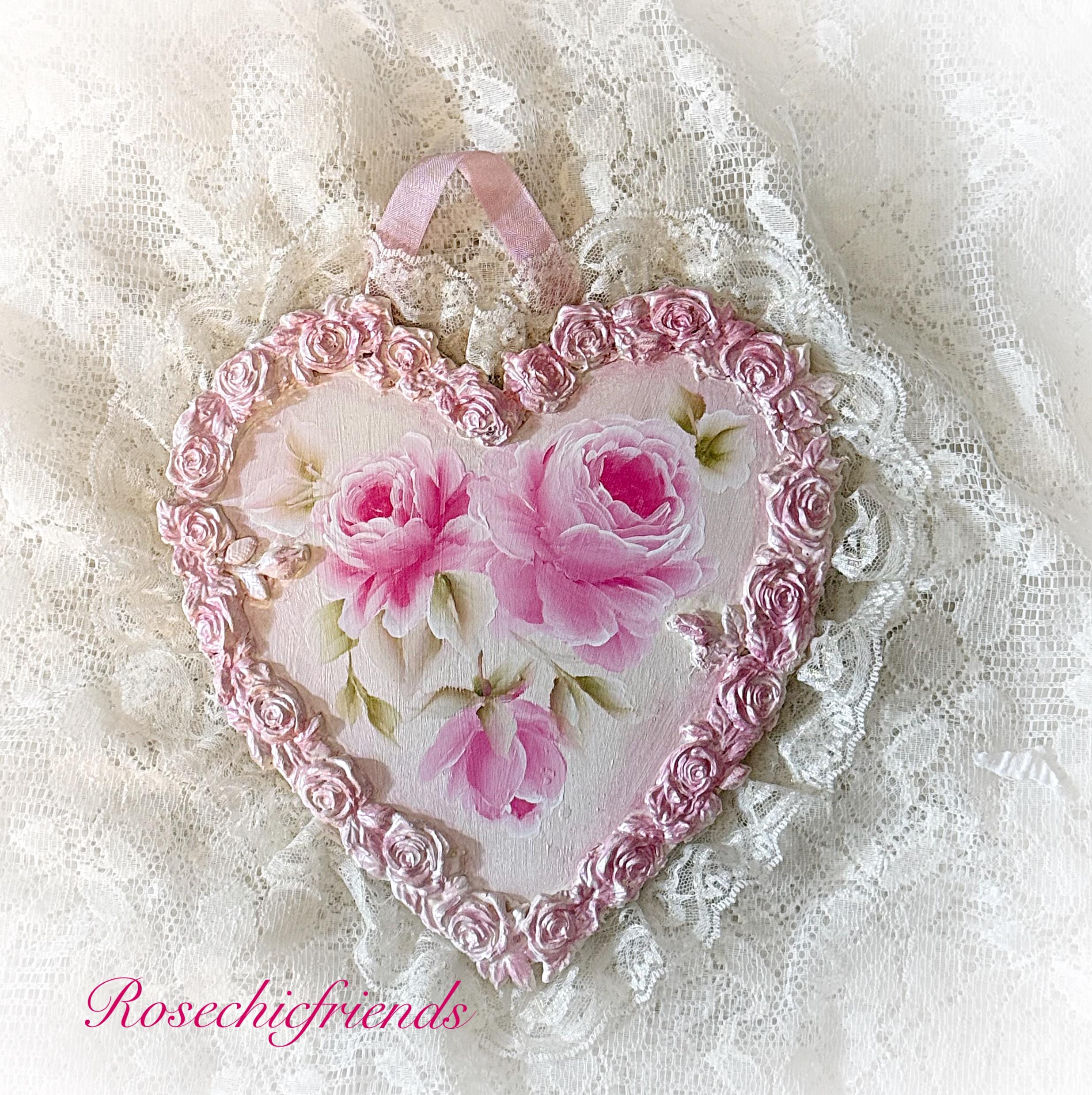 Pink HEART Shabby Chic Hand Painted Pink Roses Wall Hanging Plaque ...