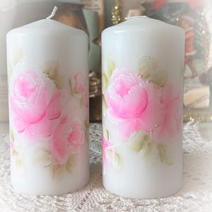 One Shabby Chic WHITE 5.5 PILLAR Candle Hand painted Pink Roses