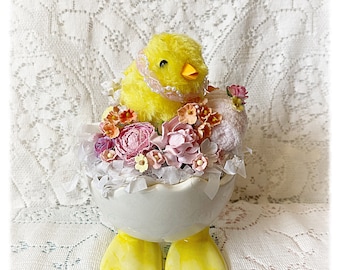 Shabby Chic Chickadee in Footed Egg Base Easter Spring Arrangement Decoration Roses ECS