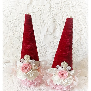 10 Velvet RED Christmas Chenille Yarn Wrapped TREE Chic Shabby Pink Roses ECS image 3