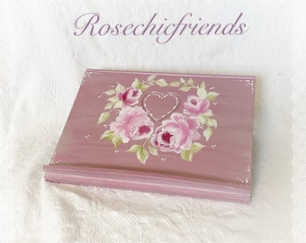 Houtroze/mauve receptenboekstandaardhouder Shabby Chic handgeschilderde rozen van RCF