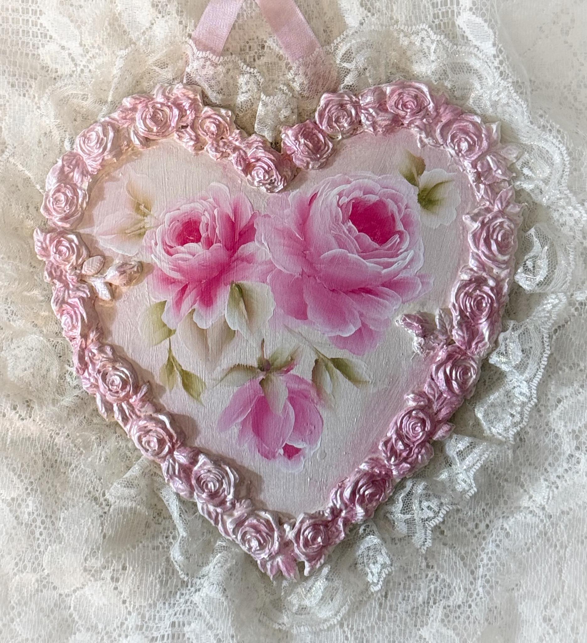 Pink HEART Shabby Chic Hand Painted Pink Roses Wall Hanging Plaque ...