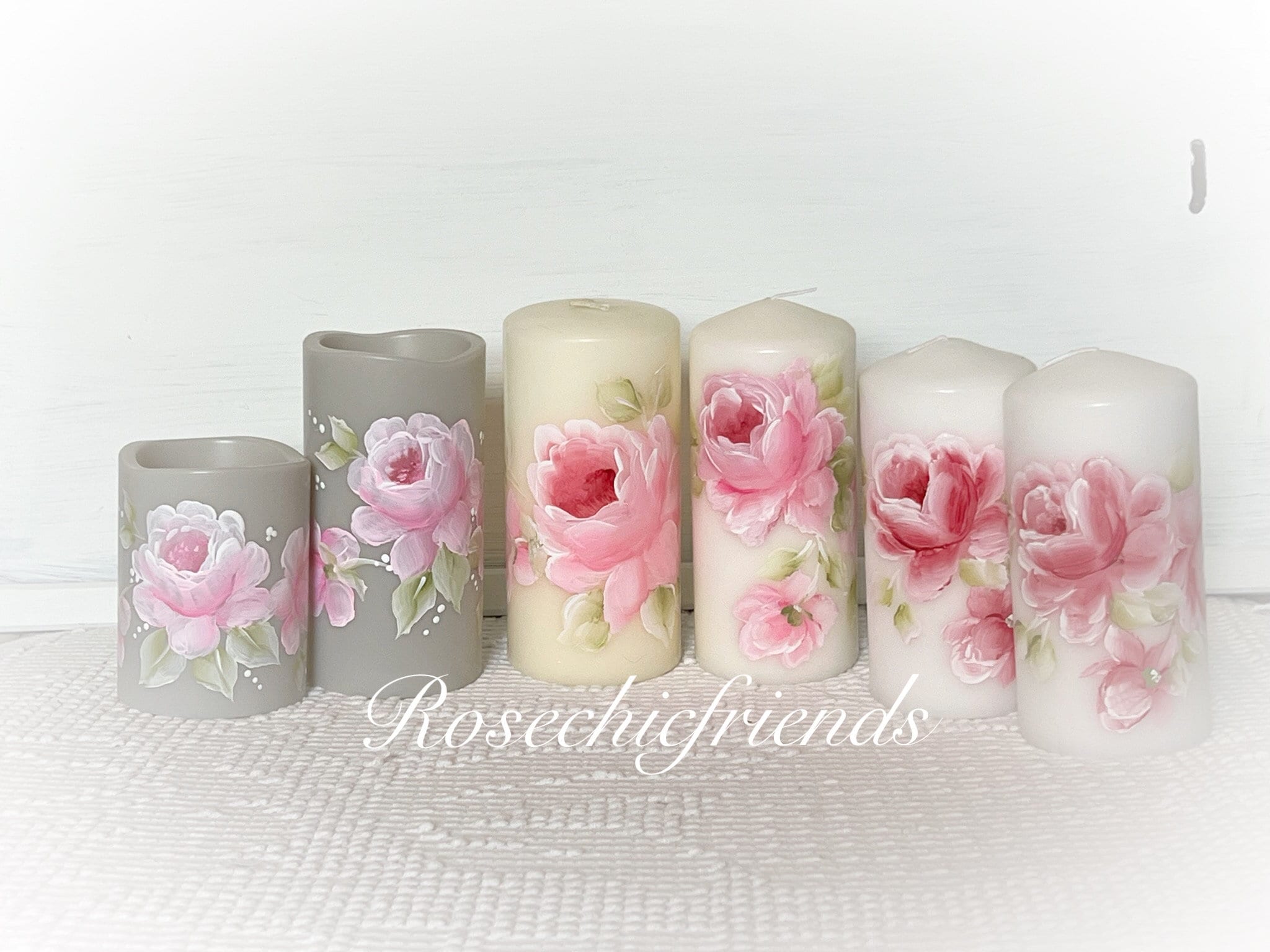 One Shabby Chic White 5.5 PILLAR Candle Hand Painted Pink Roses ECS - Etsy