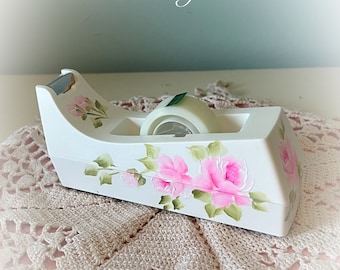 Shabby Home Office White Scotch Tape Dispenser with Hand Painted Pink Roses