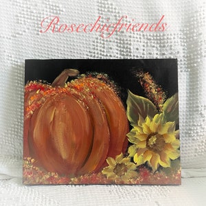 10”x8 Black Canvas Board Painting Pumpkin Sunflowers Hand Painted Art Shabby Chic ECS