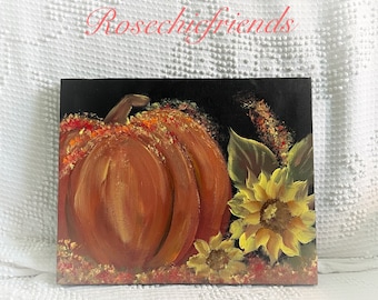 10”x8 Black Canvas Board Painting Pumpkin Sunflowers Hand Painted Art Shabby Chic ECS