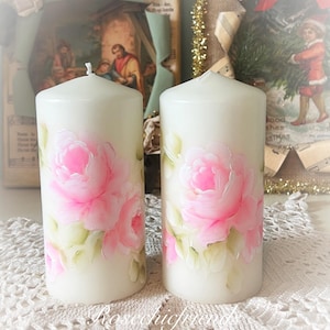 One Shabby Chic CREAMY White 5.5 PILLAR Candle Hand painted Pink Roses
