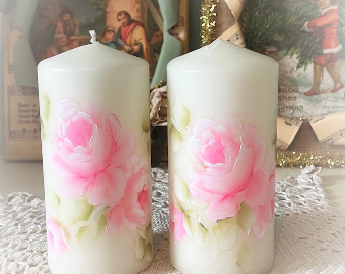 One Shabby Chic CREAMY White 5.5 PILLAR Candle Hand Painted Pink Roses ...