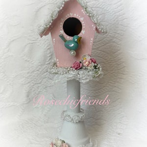 Pedestal PINK BIRDHOUSE Shabby Cottage Hand Painted Chic image 1