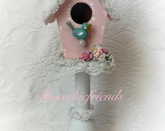 Pedestal PINK BIRDHOUSE Shabby Cottage Hand Painted Chic