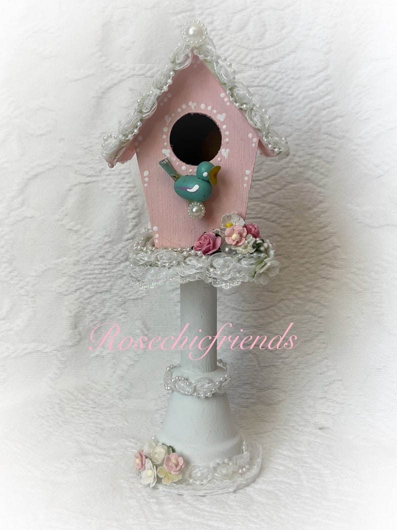 Pedestal PINK BIRDHOUSE Shabby Cottage Hand Painted Chic image 1