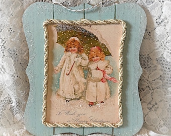 Shabby Chic Victorian Children Aqua/Cream Wood Plaque Ornament 9x6