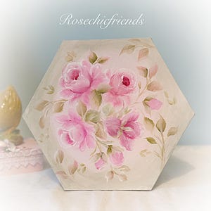 PINK Rosen Hexagon 8x8 Stretched Canvas Handgemalte Kunst Originalgemälde Shabby Chic