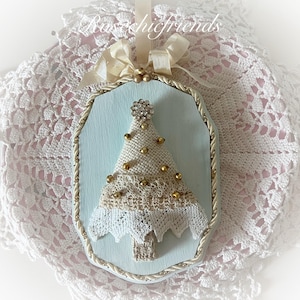 7x5 Ornament Fabric TREE  Mix Media Shabby chic Christmas Wood