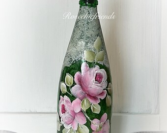 Oil/Soap Dispenser Wine Bottle Shabby Hand Painted Chic Pink Roses ECS