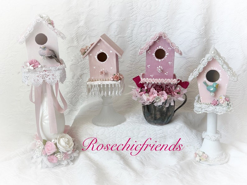 Pedestal PINK BIRDHOUSE Shabby Cottage Hand Painted Chic image 4