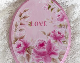 12x9 Oval Hand Painted Rose Plaque Art Wood Ornament Shabby Pink