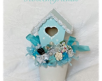 Shabby Chic BIRDHOUSE Blue Cottage Hand Painted Bluebird ECS