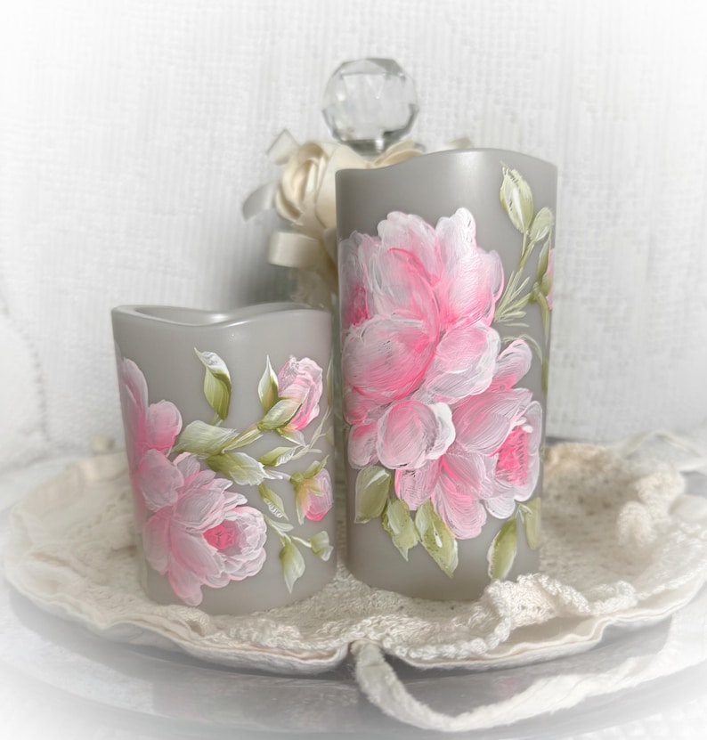 Flameless Pink Rose Pillar Candles - Shabby Chic Light Gray Set of 2 - Etsy